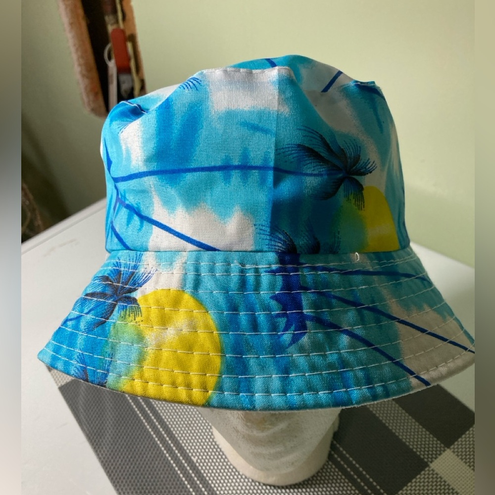 Blue and Yellow Bucket Hat with Palm Tree Design